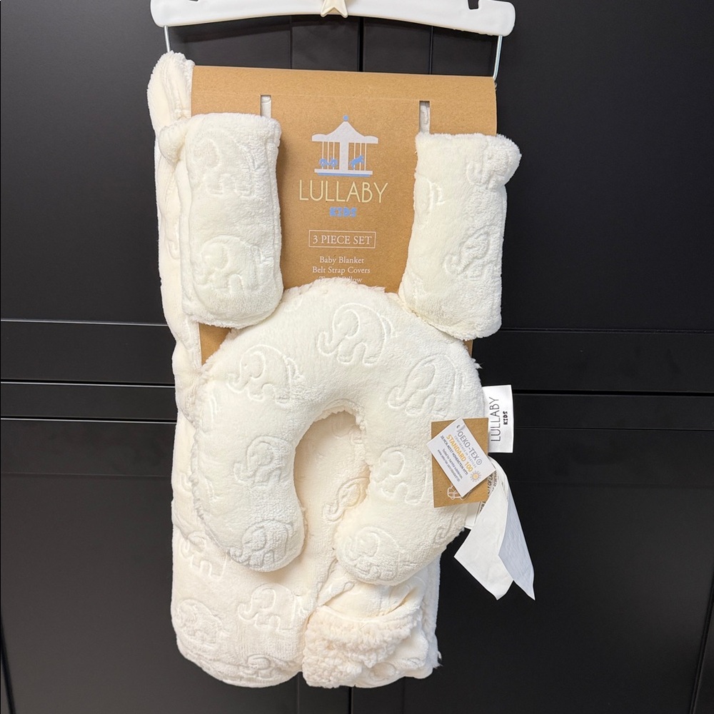 Lullaby Kids Cream 3 Piece Set - Blanket, Travel Pillow, Belt Strap Covers